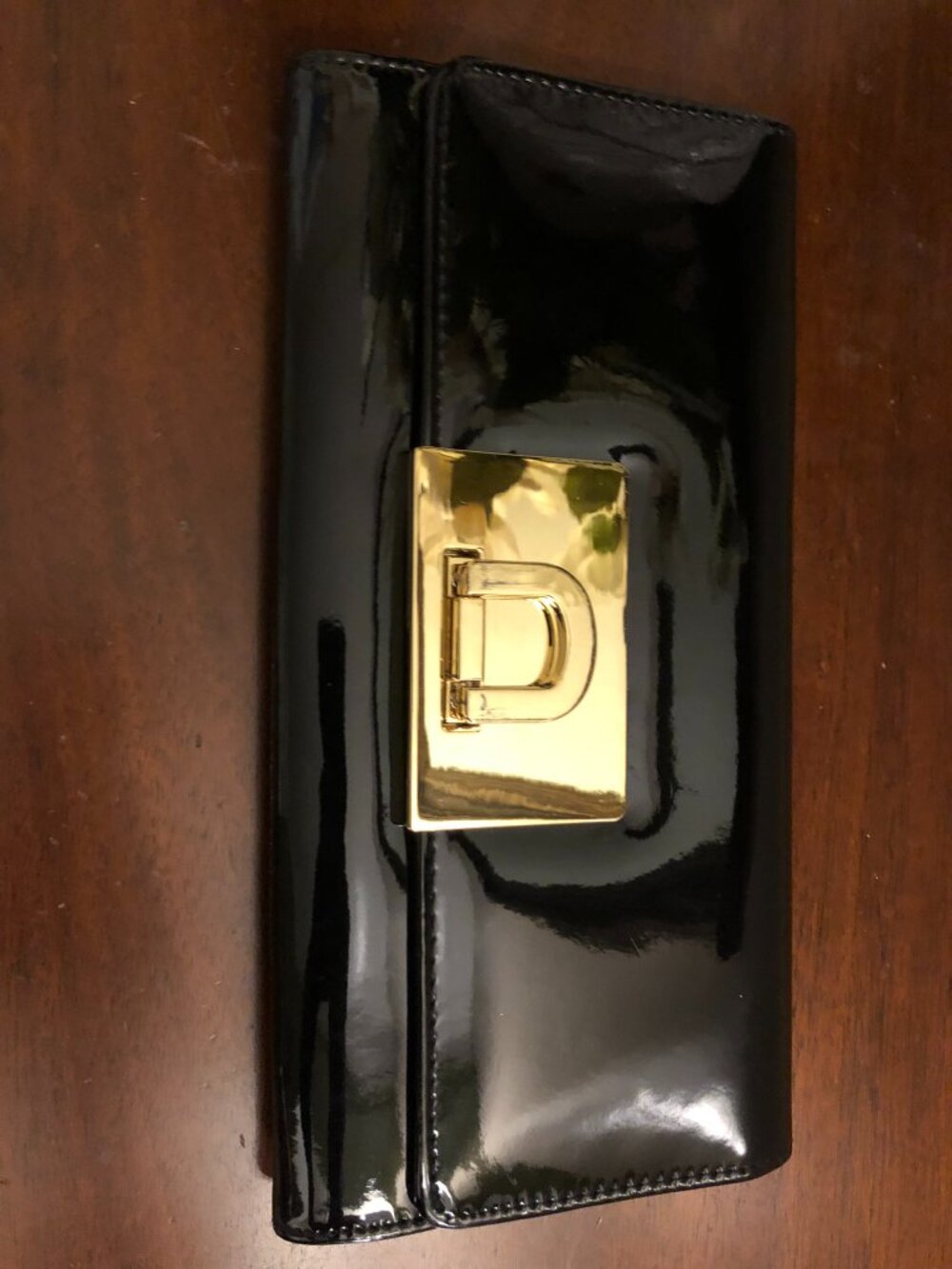 ALDO Black Patent Leather Envelope Clutch Bag with Gold Turn-Lock & Chain